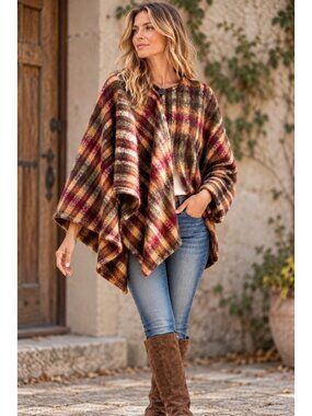Simon Chang Brown Green Burgundy Plaid Asymmetrical Poncho Wool Blend XL